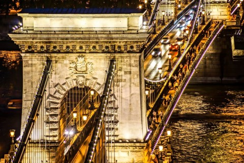 Szechenyi Chain Bridge night view (Budapest, Hungary). Shooting Location: Hungary, Budapest