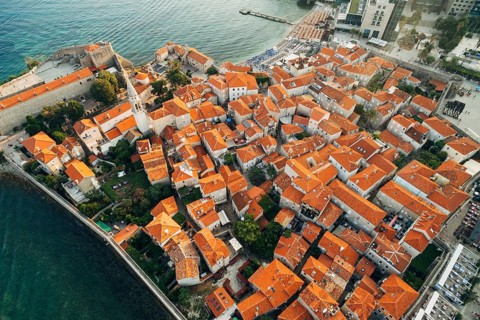 The roofs of the old town of Budva - an aerial photo from a drone.