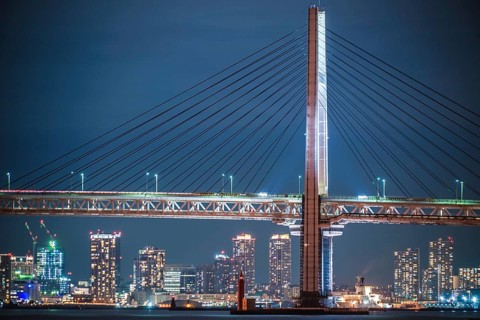 Yokohama Bay Bridge and Yokohama Minato Mirai of night view. Shooting Location: Yokohama-city
