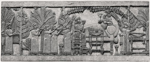 Ashurbanipal, Neo-Assyrian king, and his queen Libbali-sharrat dining, relief, c. 653 BCE