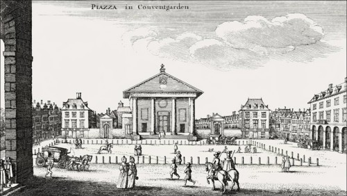 Square before the market hall, Covent Garden, London, after Hollar, 1647