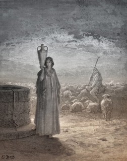 Jacob keeping Laban's flock and meets Rachel, woodcut by Gustave Doré