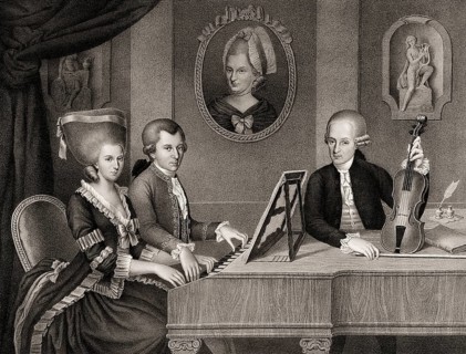 Wolfgang Amadeus Mozart with his sister Maria Anna Nannerl and father Leopold, on the wall a