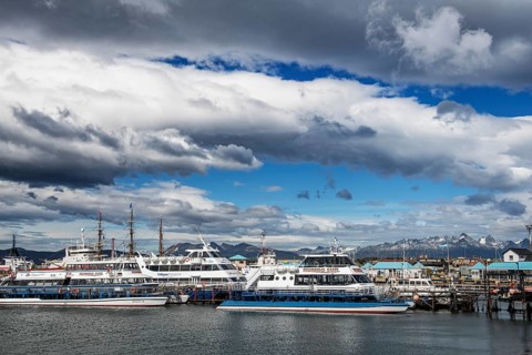 Excursion and cruise ships in the harbour of Ushuaia, Argentina, South America