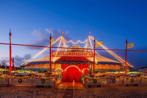 Circus Roncalli with Christmas lights at dusk on the Bürgerweide, Bremen, Germany, Europe