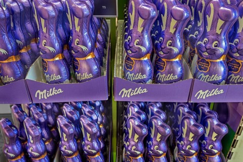 Shelf with Milka chocolate bunnies, supermarket, Bavaria, Germany, Europe