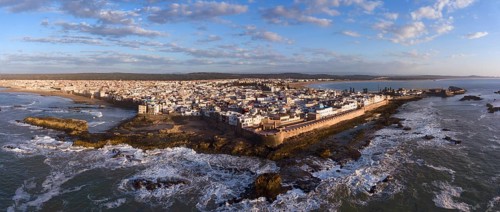 Aerial panorama of medieval Essaouira old city on Atlantic coast at sunset, Morocco, Africa
