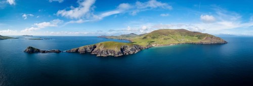 Aerial panorama view of Slea Head and the Dingle Peninsula in County Kerry of western Ireland