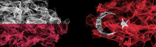 Flags of Poland and Turkey on Black background, Poland vs Turkey Smoke Flags