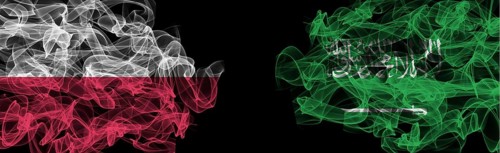 Flags of Poland and Saudi Arabia on Black background, Poland vs Saudi Arabia Smoke Flags