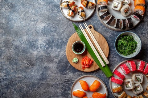 Food, Food, Sushi and rolls sets. Japonese food. top view
