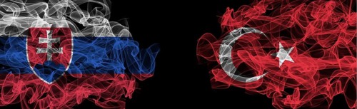 Flags of Slovakia and Turkey on Black background, Slovakia vs Turkey Smoke Flags