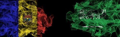 Flags of Moldova and Saudi Arabia on Black background, Moldova vs Saudi Arabia Smoke Flags