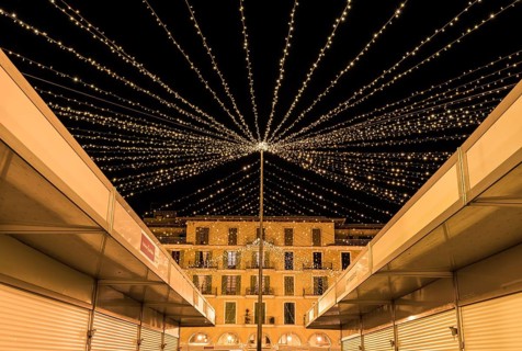 Palma de Mallorca, Spain, 12 29 2017: Christmas market at the major market square at night, Europe