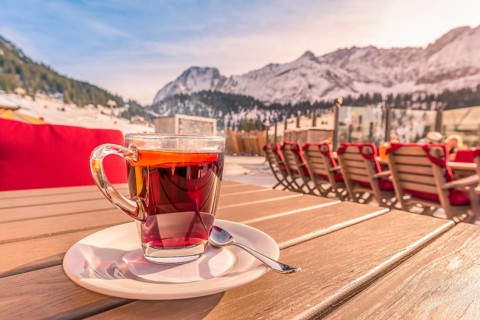 Image with a warm steamy cup of tea, flavored with a slice of orange and served at a mountain