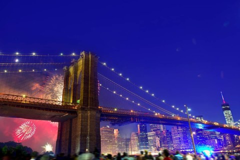 July 4th 2014 fireworks at Brooklyn bridge Manhattan skyline New York USA