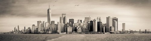 Sepia Toned Panorama Of The Manhattan, NYC Skyline As Taken From Staten Island