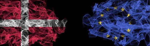 Flags of Denmark and EU on Black background, Denmark vs Europe Union Smoke Flags