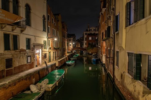 Midnight at a Canal in Cannaregio, nobody on the Street, Venice, Italy, Europe
