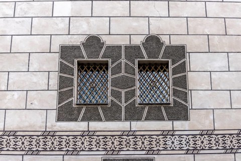 Detail with windows and black and white façade of the Kornhaus, Ulm, Baden-Württemberg, Germany,