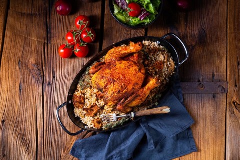 Grilled spicy chicken with pearl barley and mushrooms