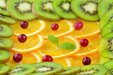 Background From Sliced Fruits, Red Bilberry And Mint Daugavpils, Latvia, Europe
