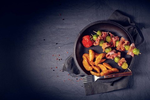 Brussels sprouts and bacon skewers with potato widgets