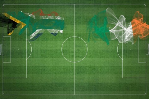 South Africa vs Ireland Soccer Match, national colors, national flags, soccer field, football game,
