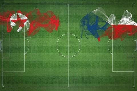 North Korea vs Czech Republic Soccer Match, national colors, national flags, soccer field, football