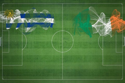 Uruguay vs Ireland Soccer Match, national colors, national flags, soccer field, football game,