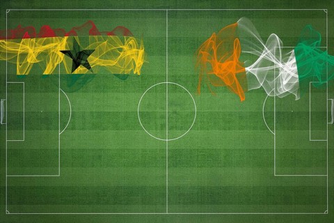 Ghana vs Ivory Coast Soccer Match, national colors, national flags, soccer field, football game,