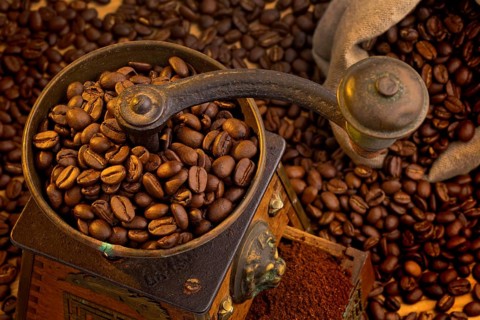 Many coffee beans lying next to a coffee grinder. Freshly ground coffee Austria