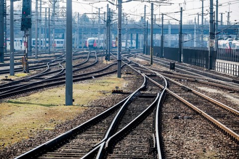 Austria, Upper Austria, Linz, Wels . Railway tracks seen from a moving train between Linz and Wels