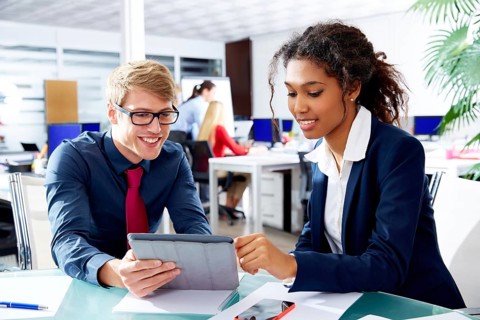 Multi ethnic business people teamwork with touch pad young multiracial team