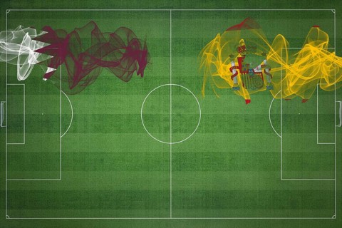 Qatar vs Spain Soccer Match, national colors, national flags, soccer field, football game,