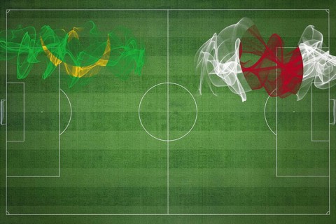 Mauritania vs Japan Soccer Match, national colors, national flags, soccer field, football game,