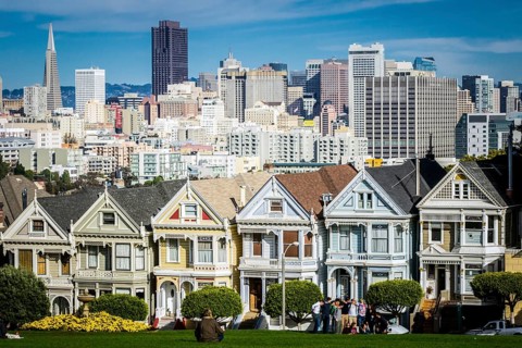 San Francisco, California, United States, November 2013: View on the Painted Ladies Victorian