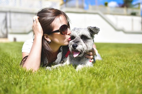 Pretty adult caucasian happy woman resting in the park on a sunny day with her beloved dog. Female