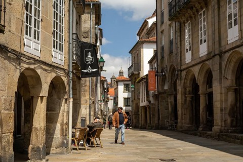 Santiago de Compostela, Spain, May 2018: View on the arcade streets of the old town of Santiago de