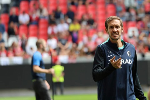 Head coach Julian Schuster (SC Freiburg) at the start of training Football Bundesliga club SC