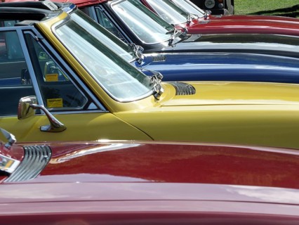 Hebden Bridge, West Yorkshire, England, August 4 2018: Close up of the bonnets and windscreens of a