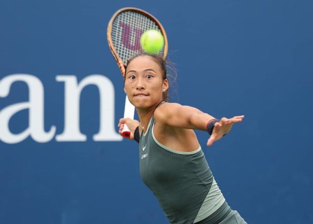 Tennis player Qinwen Zheng of China in action at the US Open 2024 Championships, Billie Jean King