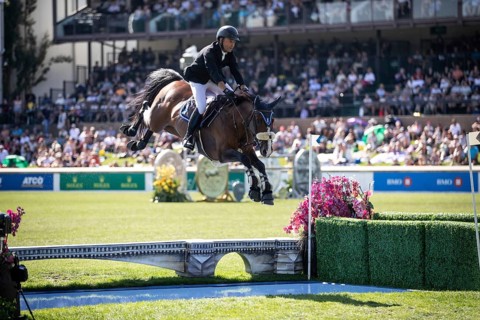 Sameh El Dahabn of Great Britain and riding WKD Toronto compete in the first round of the 1.60m