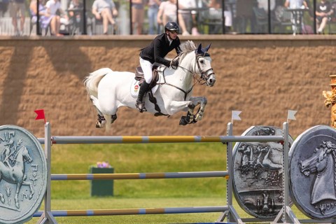 Daniel Coyle of Ireland and riding Incredible, compete in the 1.60m Grand Prix during The
