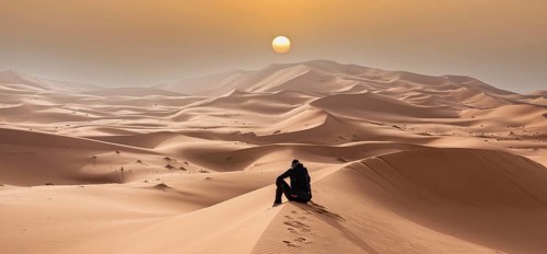 A person sitting in the Erg Chebbi desert in the African Sahara, Morocco, Africa