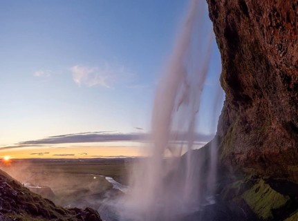 Sunset at Seljalandsfoss waterfall, South Iceland, Iceland, Europe