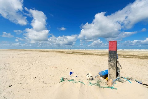 Wooden pole with rubbish at the beach of Dutch wadden island Terschelling