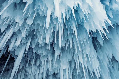 Ice cave on Baikal lake in winter. Blue ice and icicles in grotto. Olkhon island, Baikal, Siberia
