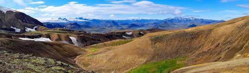 Panorama Icelandic landscape at Fjallabak, on the Laugevegur hiking trail. Travel and tourism in