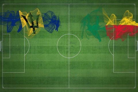 Barbados vs Benin Soccer Match, national colors, national flags, soccer field, football game,